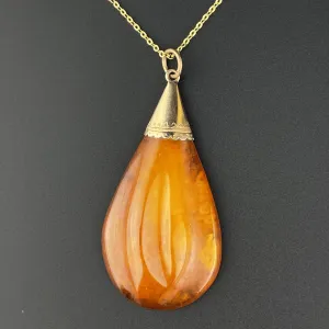 Vintage Edwardian Gold Natural Baltic Amber Teardrop Pendant