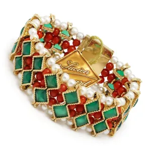 Vintage Lucien Piccard Bracelet with Coral & Pearls Yellow Gold