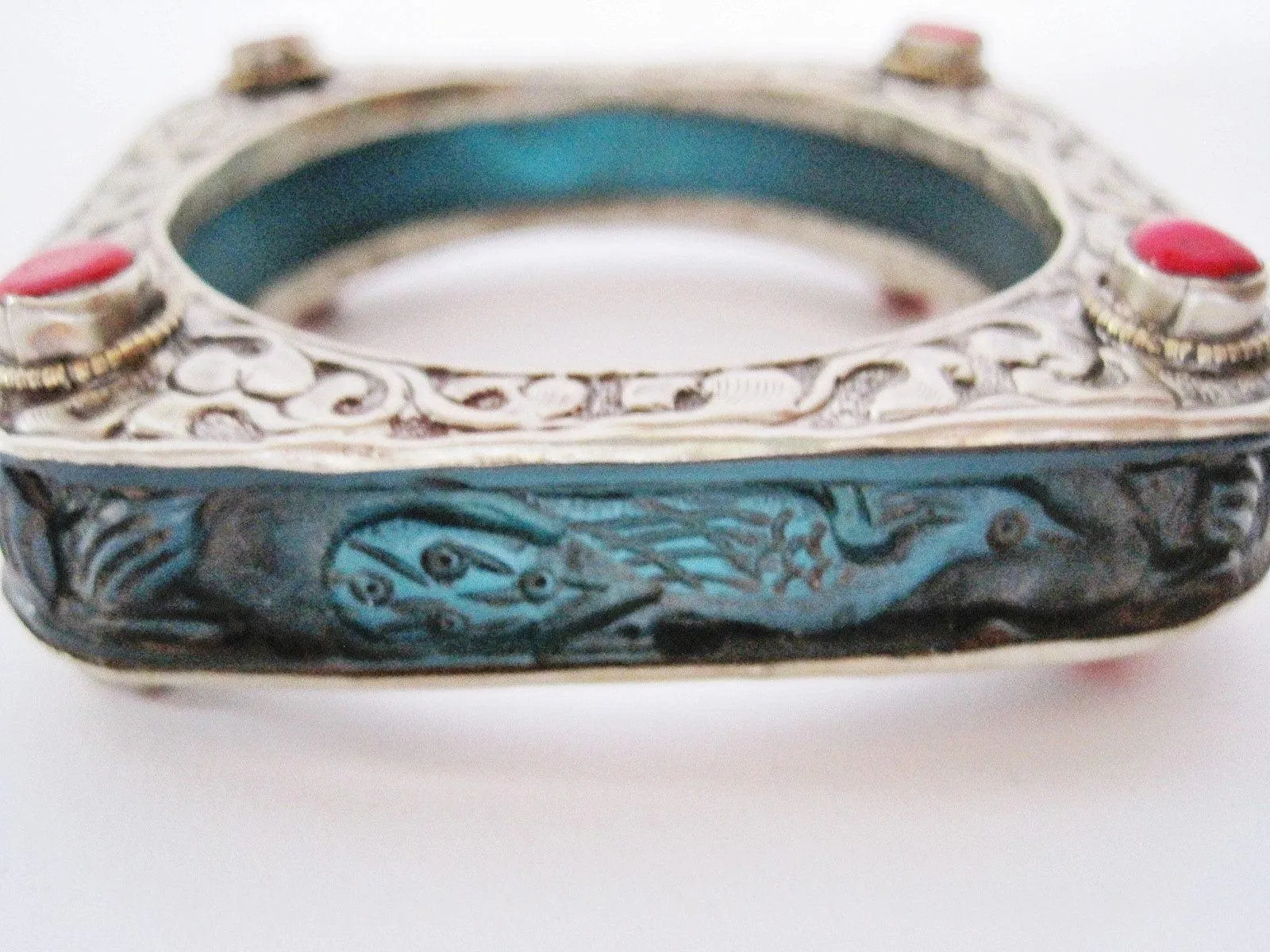 Vintage Square Carved Animal Blue Resin Bracelet from Nepal