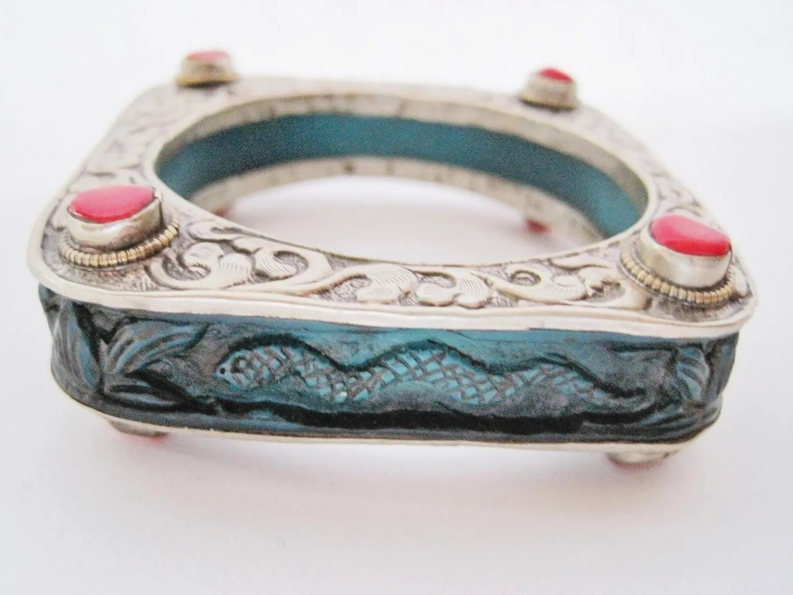 Vintage Square Carved Animal Blue Resin Bracelet from Nepal