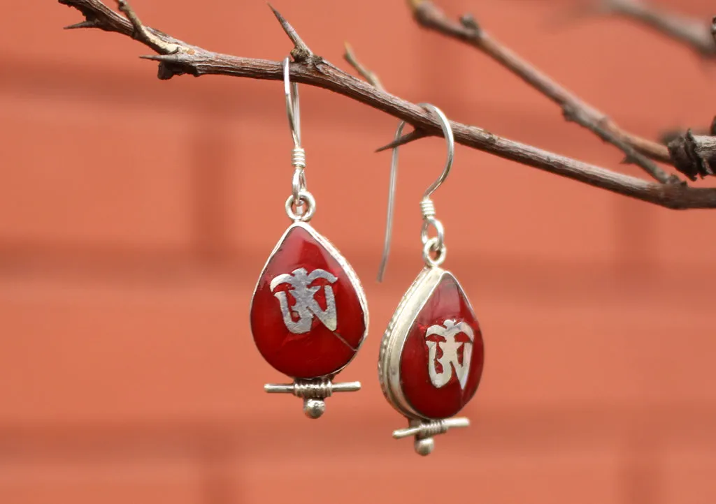 Water Drop Shaped Tibetan Om Silver Earrings