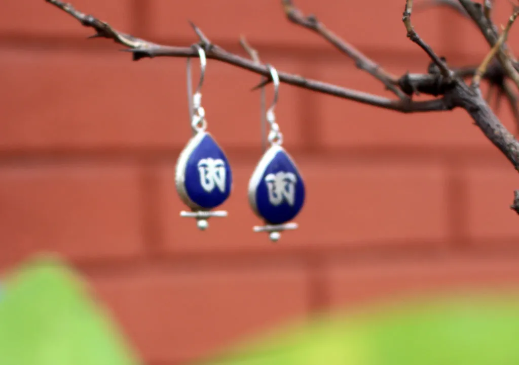 Water Drop Shaped Tibetan Om Silver Earrings