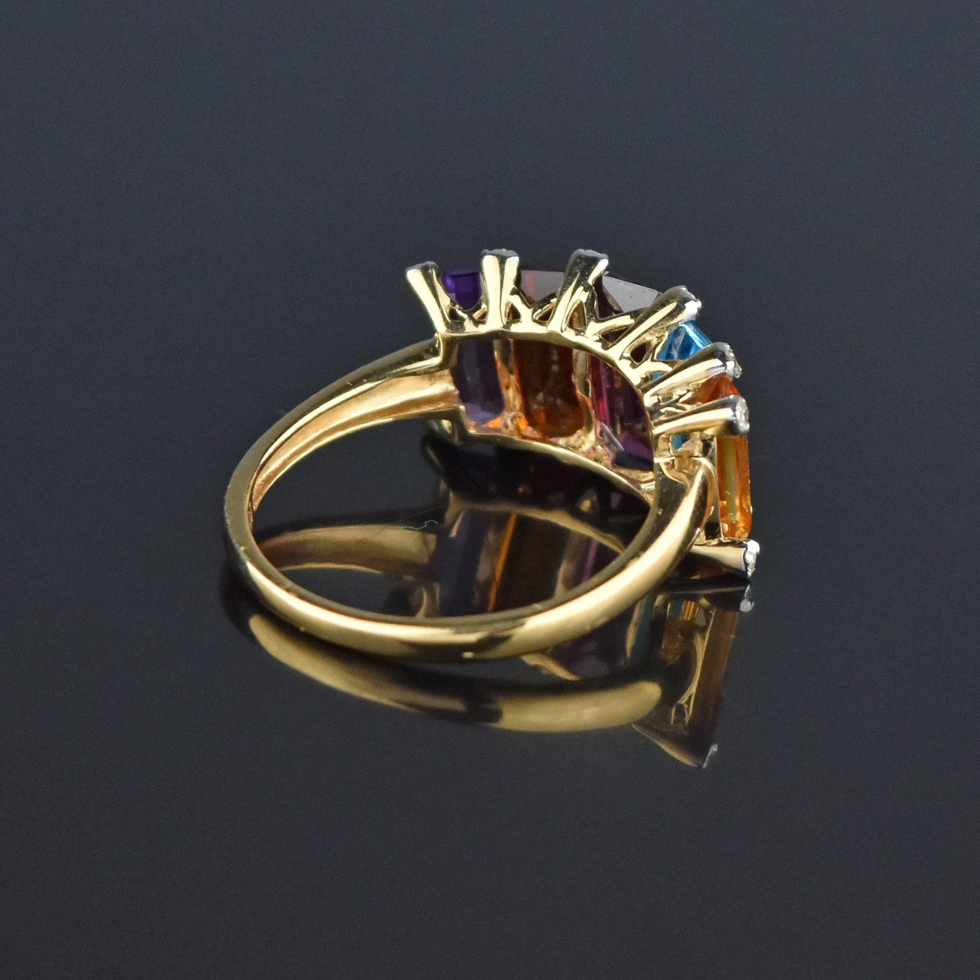 Wide 14K Gold Multi Gemstone Diamond Ring, Citrine Amethyst