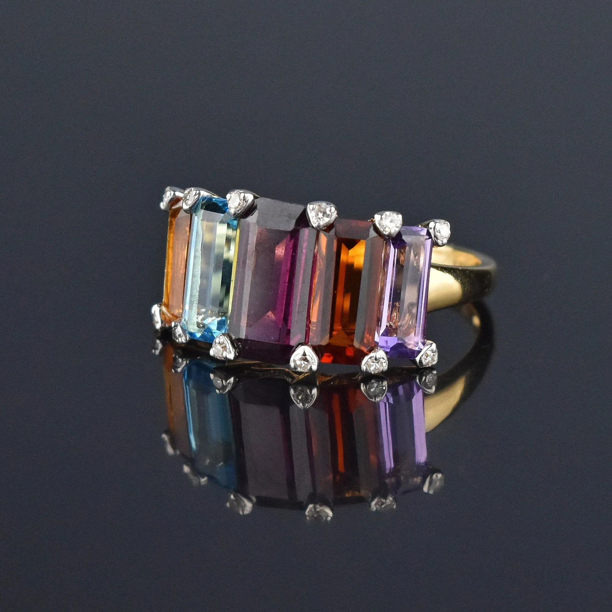 Wide 14K Gold Multi Gemstone Diamond Ring, Citrine Amethyst