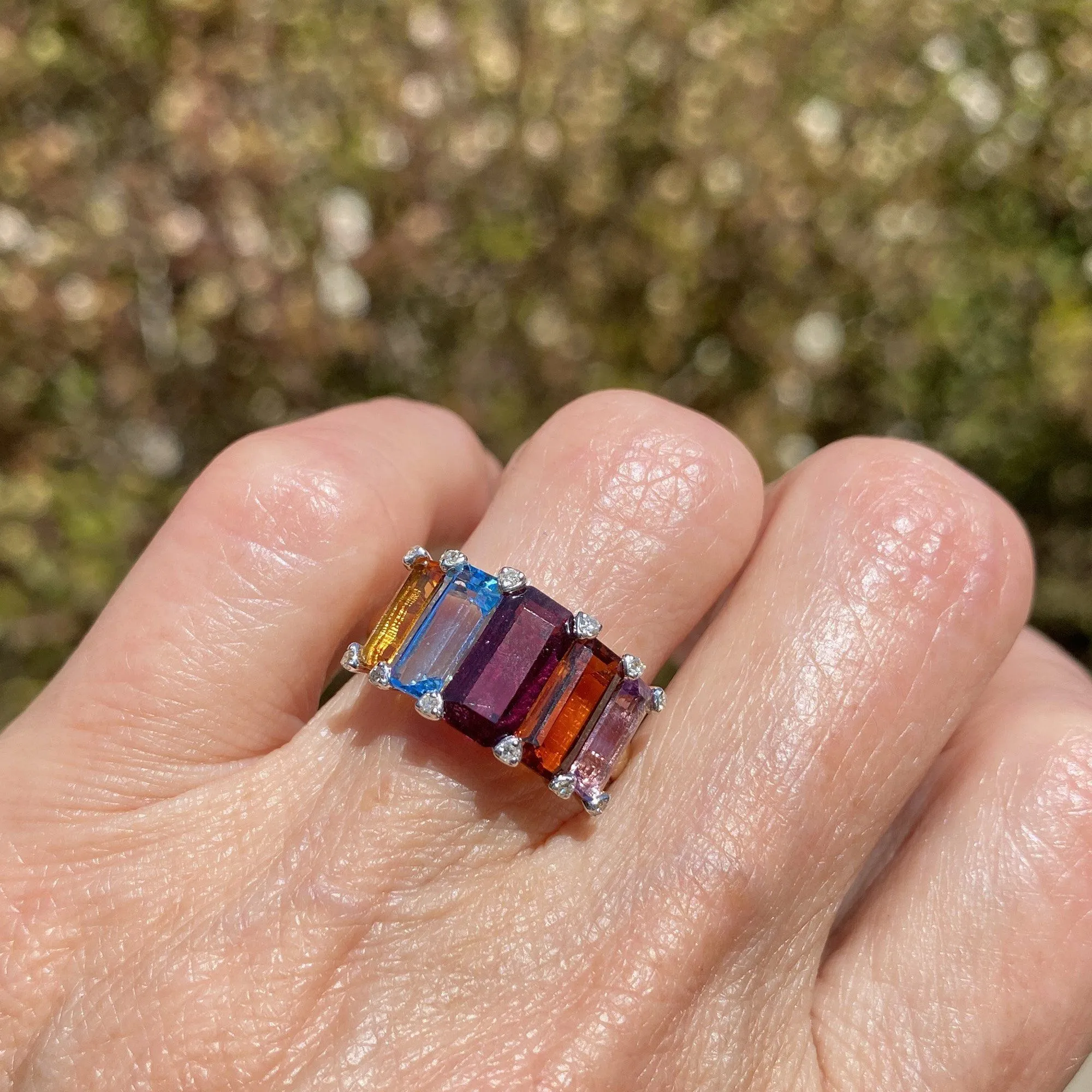 Wide 14K Gold Multi Gemstone Diamond Ring, Citrine Amethyst