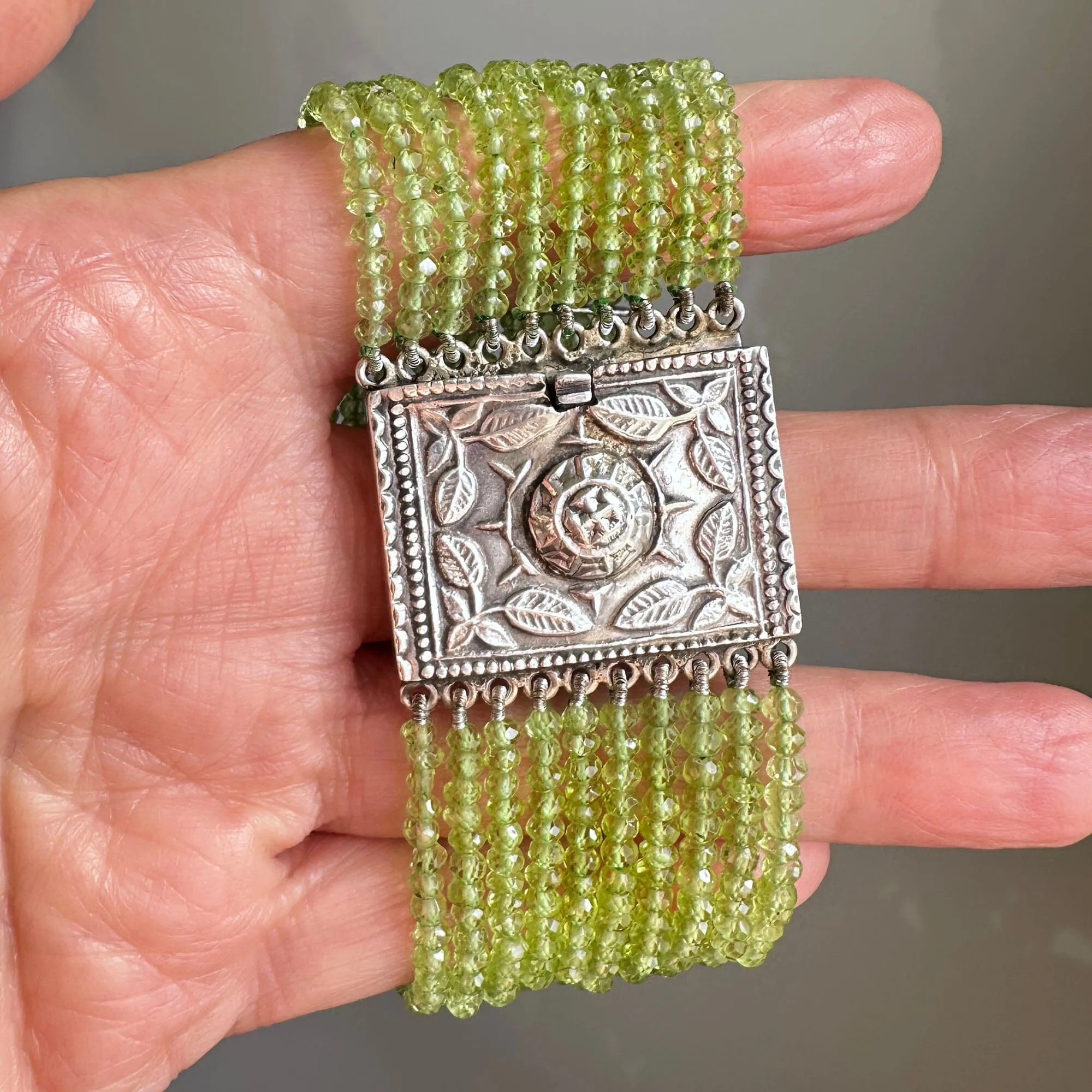 Wide Arts & Crafts Silver Clasp Multi Strand Peridot Beaded Bracelet