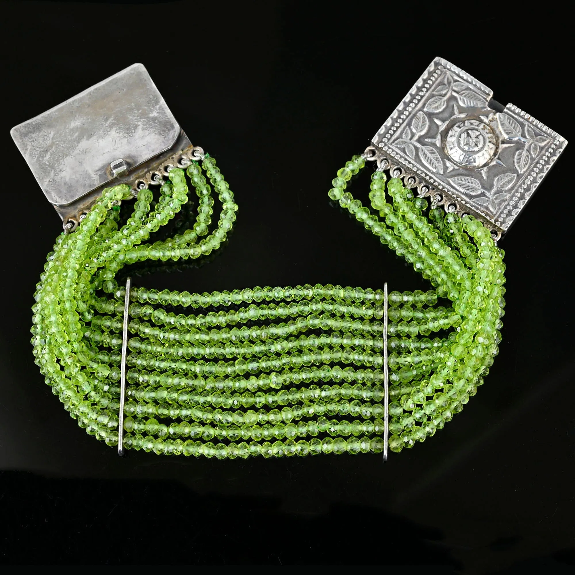 Wide Arts & Crafts Silver Clasp Multi Strand Peridot Beaded Bracelet