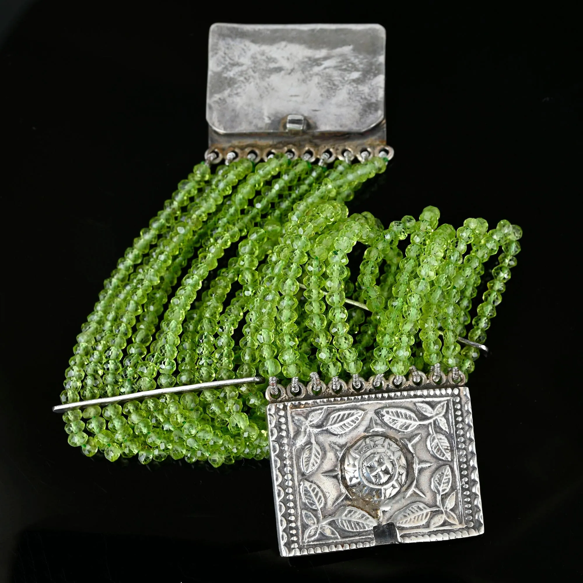 Wide Arts & Crafts Silver Clasp Multi Strand Peridot Beaded Bracelet