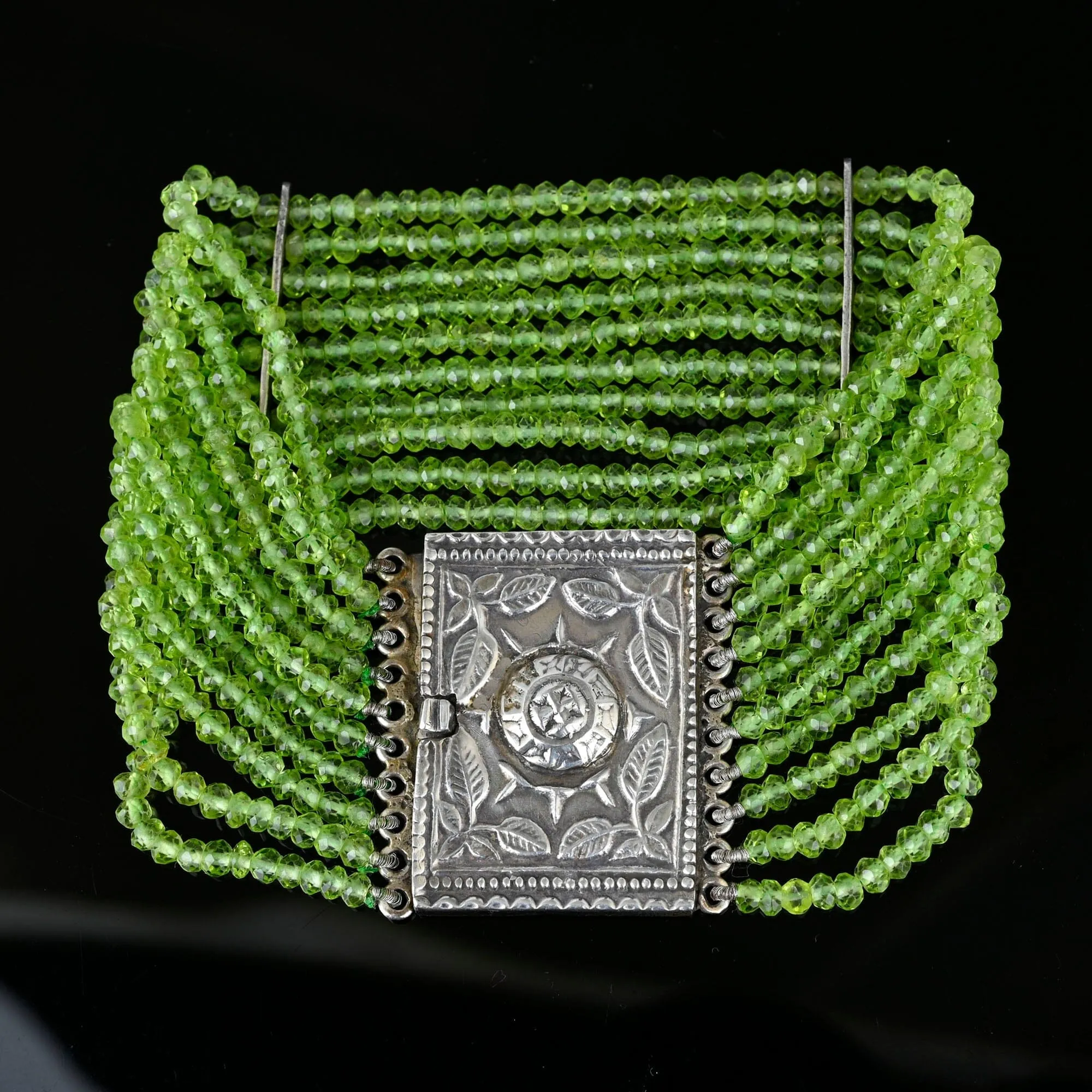 Wide Arts & Crafts Silver Clasp Multi Strand Peridot Beaded Bracelet