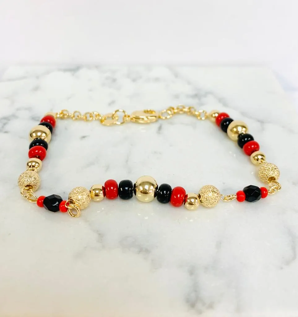 Women's Black And Red Azabache Bracelet / Beads Gold Filled Azabache 7.5" Christmas Gift / Pulsera de Azabache Para Mujer Bolitas Negras y Rojas / Pulsera Buena Suerte