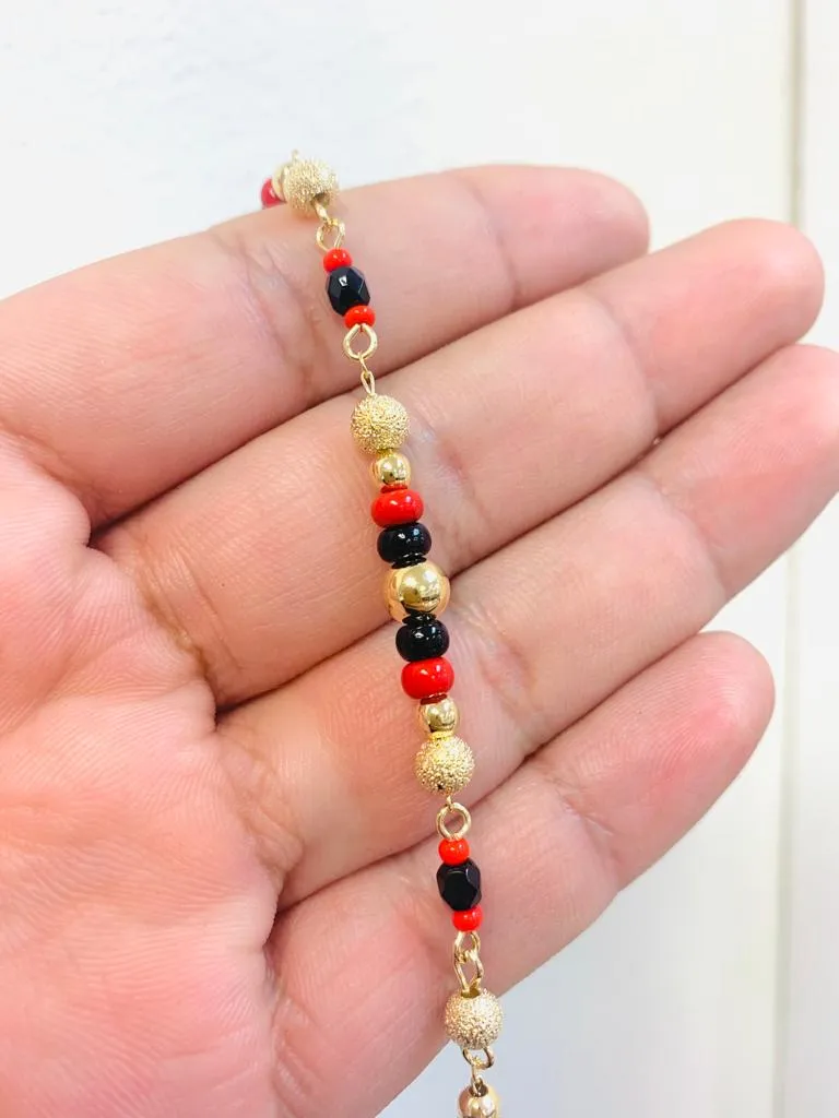 Women's Black And Red Azabache Bracelet / Beads Gold Filled Azabache 7.5" Christmas Gift / Pulsera de Azabache Para Mujer Bolitas Negras y Rojas / Pulsera Buena Suerte