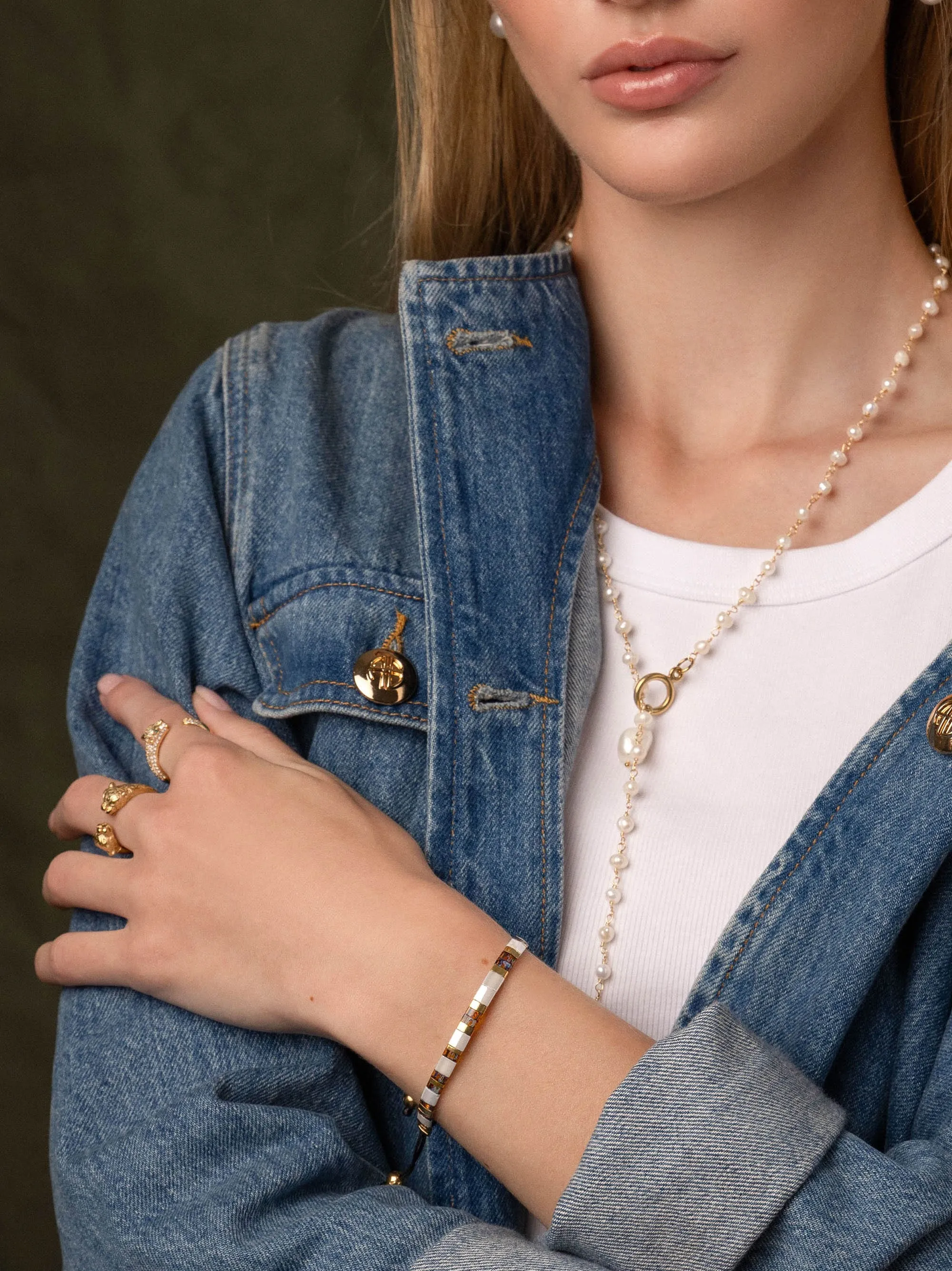 Women's Bracelet with White, Marbled Amber and Gold Miyuki Tila Beads