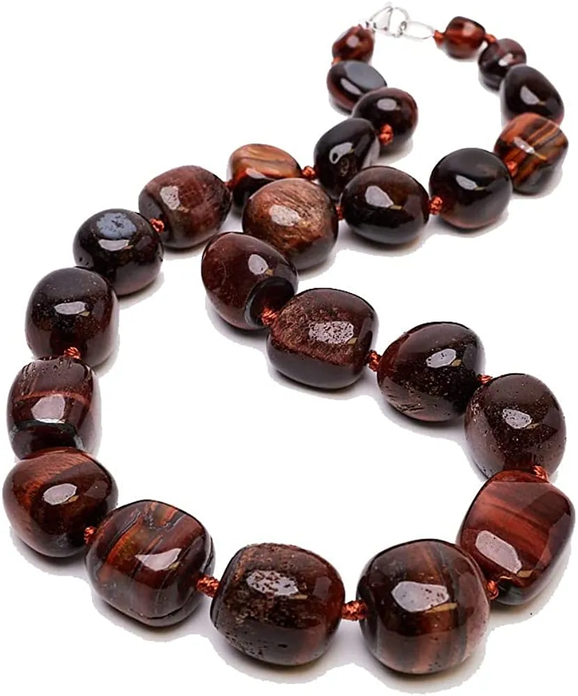 Women's Chunky Statement Natural Red Tiger's Eye Gemstone Beaded Necklace