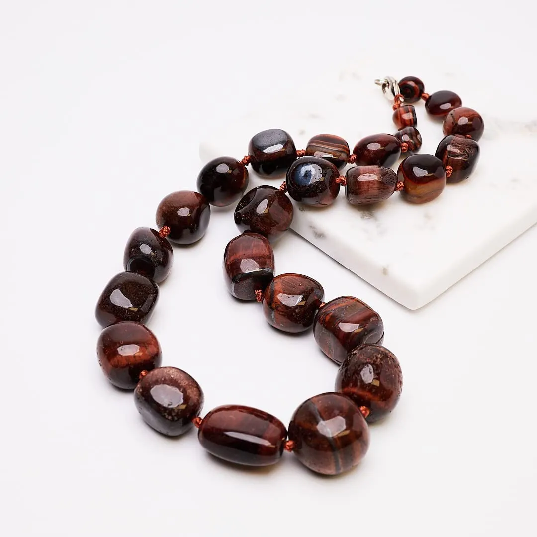 Women's Chunky Statement Natural Red Tiger's Eye Gemstone Beaded Necklace