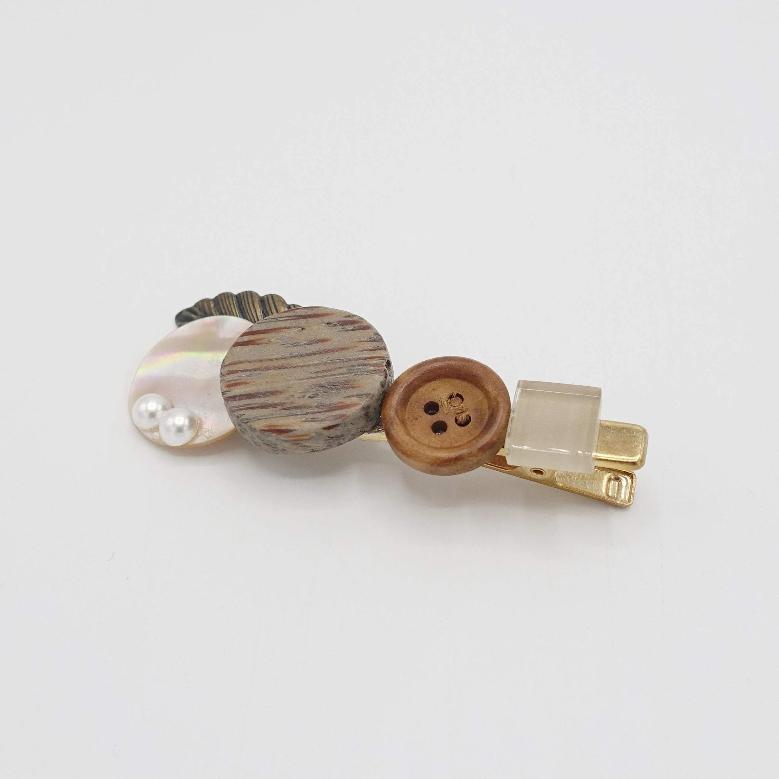 wood metal embellished hair barrette nacre hair clip for women