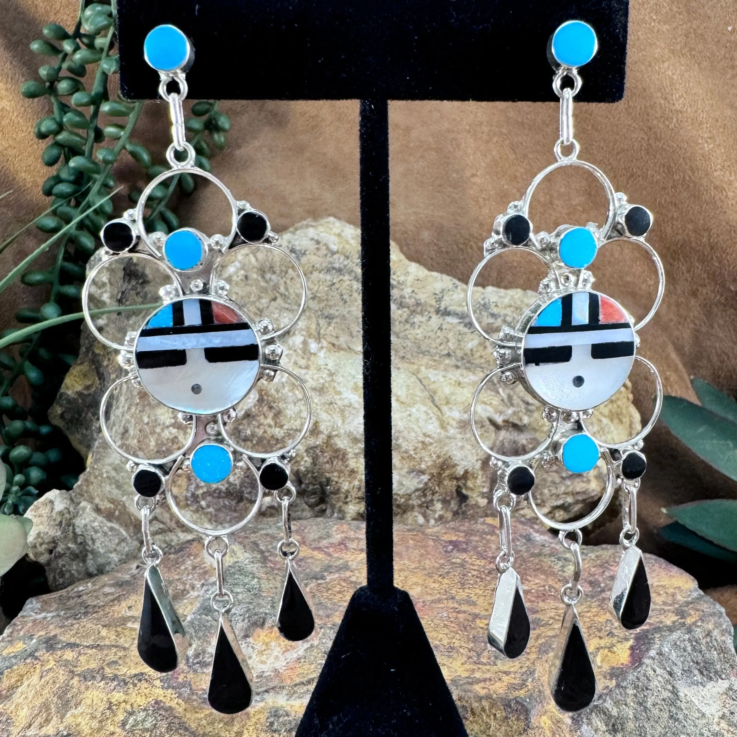 Zuni Sunface Sterling Silver Drop Earrings by B Othole